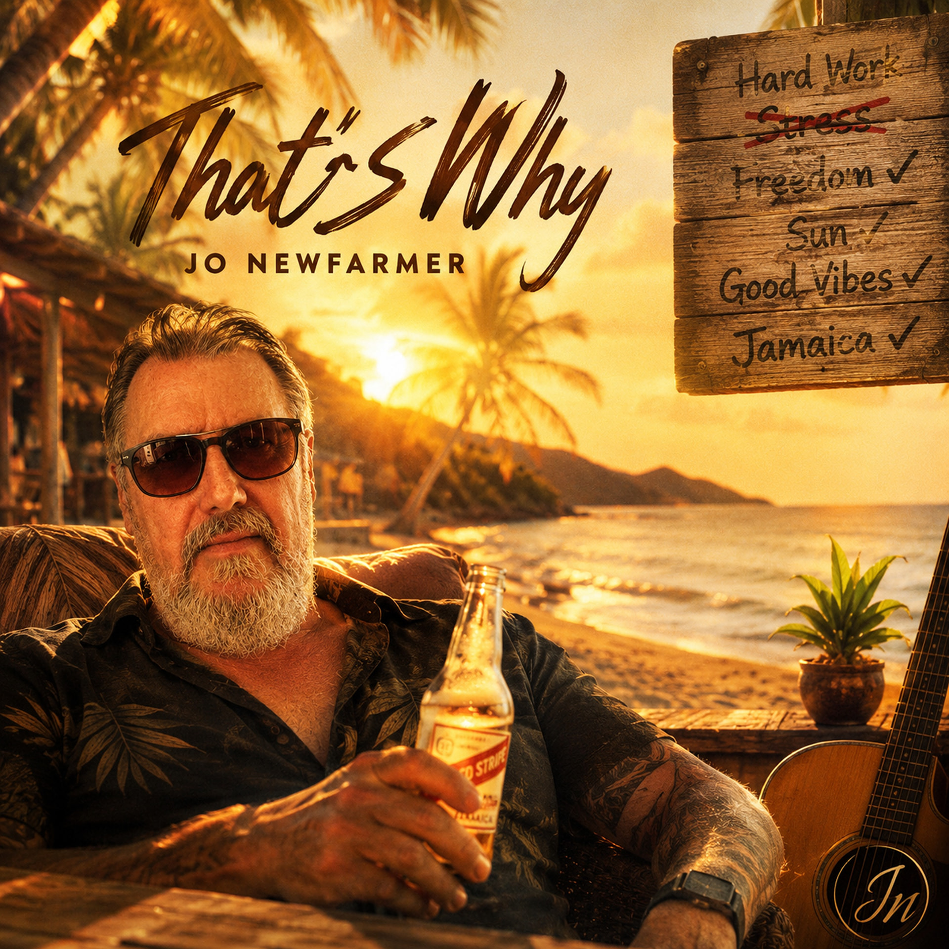 "That's Why" cover art — Jo Newfarmer at a tropical beach sunset