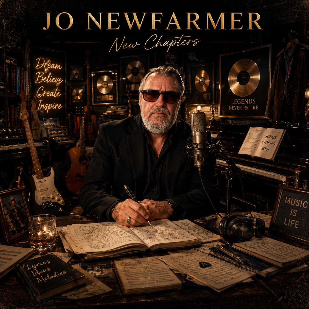 Jo Newfarmer — New Chapters promotional photo, seated at a writing desk with guitars and gold records